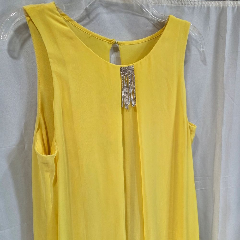 MSK Sz 14 Solid Yellow Chiffon Sheer Overlay Shift Dress Wedding Guest Boho Mod